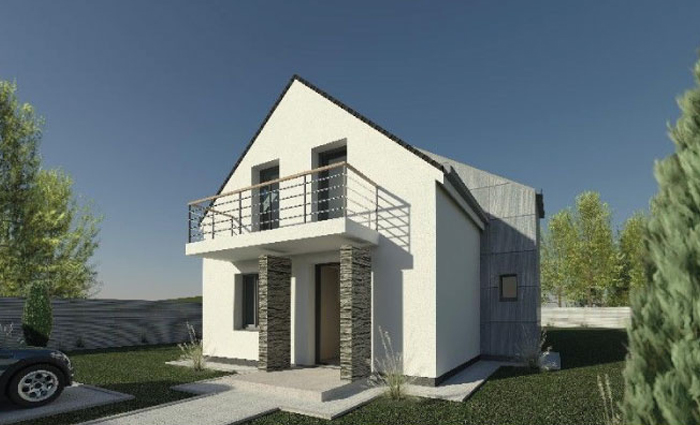 Aluminiowe panele i jasny tynk podkreślają charakter elewacji, projekt domu z pralnią